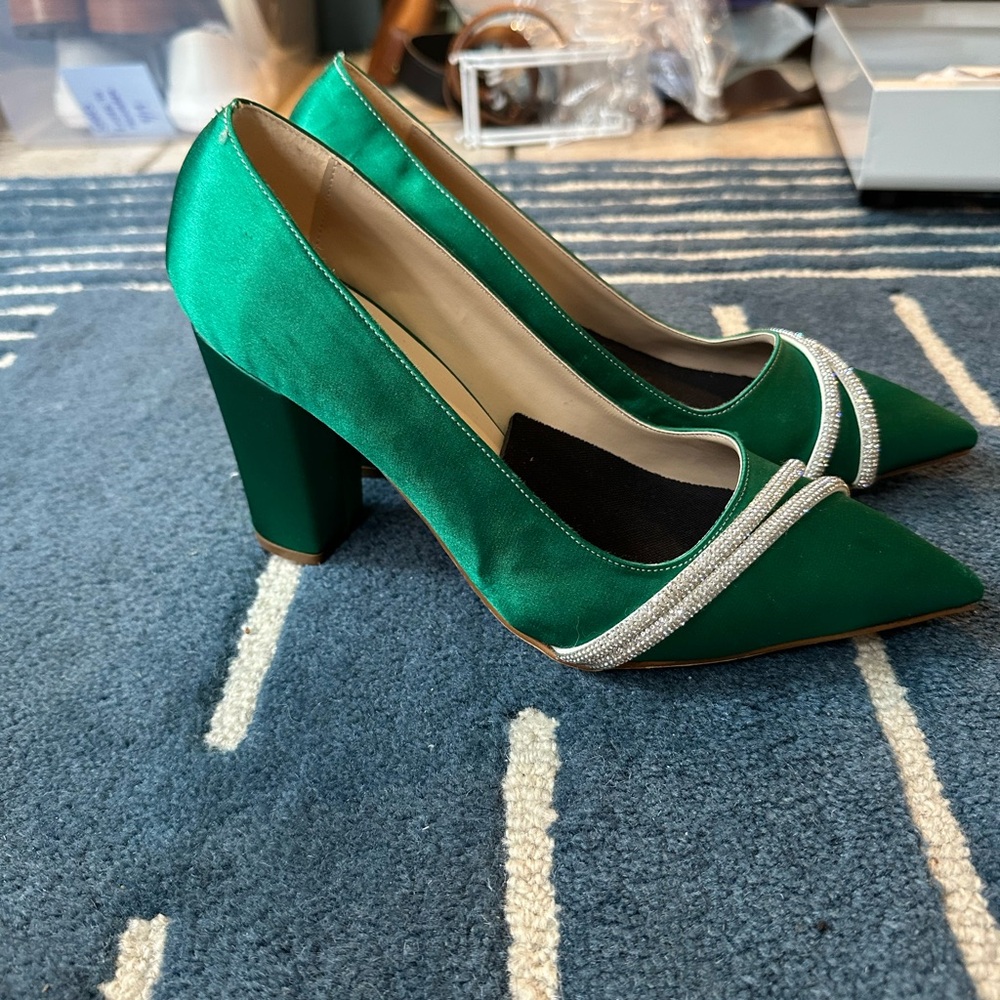 Brand new green block heels with silver embellishment